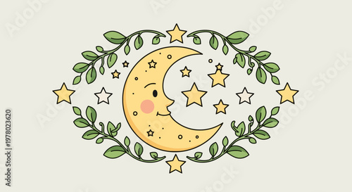 Crescent moon cartoon character surrounded by leaves and stars in a celestial frame design dreamy astrology element in vector style