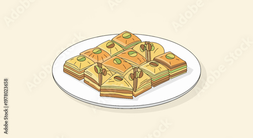 Delicious plate of baklava pastries with pistachio nuts drawn dessert illustration on light background for sweet treat food concepts