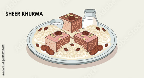 Delicious sheer khurma dessert with vermicelli dates and nuts on a plate vector illustration with creamy beige pink and brown tones