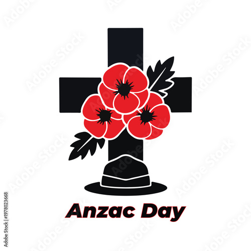 Black cross with red poppy flowers green leaves soldier hat and bold text Anzac Day symbolizing remembrance tribute honor and sacrifice