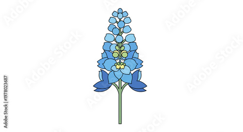 Elegant blue delphinium flower illustration isolated on white: botanical drawing with detailed petals stem and floral design for stock illustration use