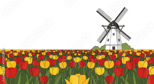 Illustration of a red and yellow tulip field with a white windmill in the background creating a picturesque Dutch landscape scene