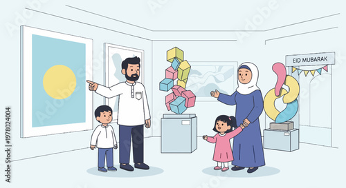 Muslim family visiting an art museum admiring modern art sculptures and abstract paintings in light blue and white gallery setting
