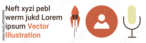 Communication, media, aerospace innovation, personal identity design, broadcasting, creativity. Minimalist icons of user profile, rocket and microphone in modern design. Communication and media
