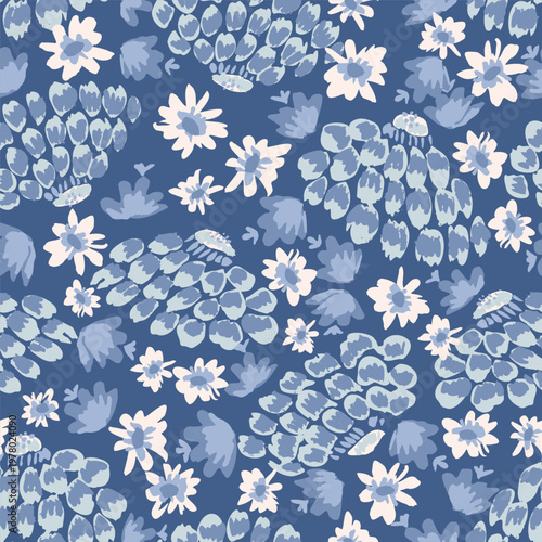 Hand painted marigolds with small wildflowers here and there as a maximalist floral garden design in dark blue, cornflower blue and light blue with off white. Botanical seamless vector pattern. 