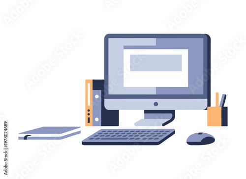 A clean, modern desk setup features a computer monitor, keyboard, mouse, notebook, and pen holder, suggesting a workspace for productivity and organization.
