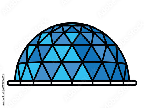 A blue geodesic dome structure is depicted with a black outline and a white base.