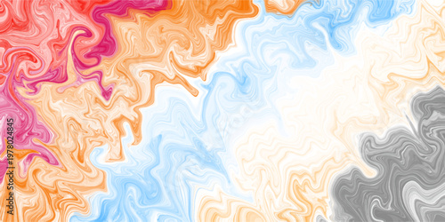 Abstract colorful fluid liquid marble texture background. The vibrant wavy acrylic paint pour brings an energetic mixed pattern to digital design.