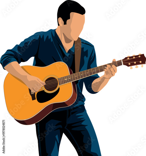 A person plays an acoustic guitar while standing, with their face not visible.
