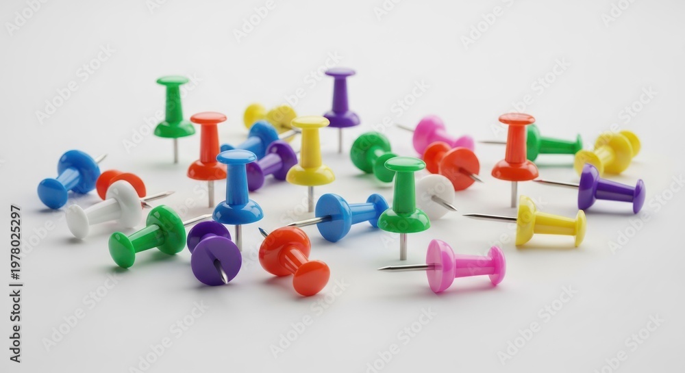 Fototapeta premium Colorful push pins on white background. Macro photo of assorted color thumbtacks.
