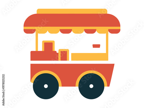 A stylized, flat design illustration of a red and yellow food cart with wheels is depicted against a white background, representing a mobile food vendor.