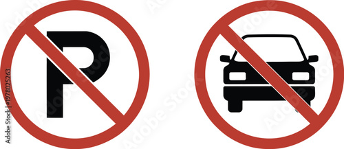 No Parking and No Car Prohibition Icons Vector Set, Flat Traffic Restriction Symbols for Road Regulation, Urban Traffic Management, and Transportation Safety Design