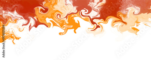 Abstract orange and red fluid marble texture border background. The bright wavy acrylic paint pour drip creates an energetic digital template.