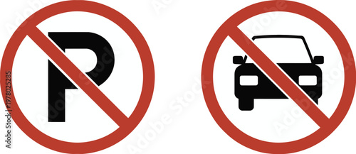 No Parking and No Car Prohibition Icons Vector Set, Flat Traffic Restriction Symbols for Road Regulation, Urban Traffic Management, and Transportation Safety Design