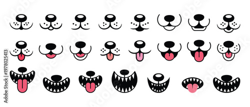Collection of cartoon dog faces with various expressions isolated on transparent background, vector illustration