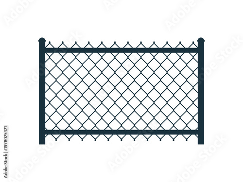 A black metal chain link fence with pointed finials on top and a decorative border at the bottom is depicted against a white background.