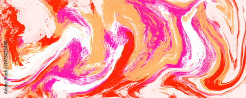 Abstract pink and orange fluid liquid marble texture background. The bright wavy acrylic paint pour brings energetic style to creative backdrop design.