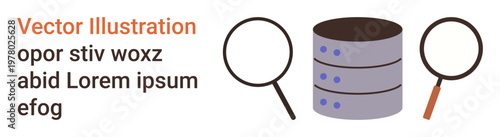 Database management, research, analysis, information technology, data storage, and system investigation. Magnifying glasses examining a database icon. Database management and research concept