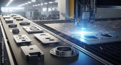 Industrial laser cutting machine precisely shaping metal parts on a factory floor.