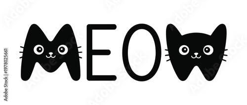 Cute cat faces forming the word meow in black and white, vector illustration