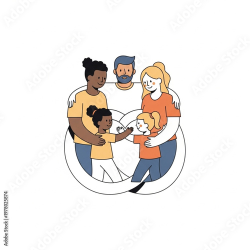 Happy diverse family with two mothers and father hugging in a circle illustration