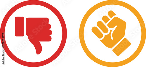 Thumbs up and down icon set, set of four oval icons showing positive negative and stop hand gestures for UI design and communication symbols.
