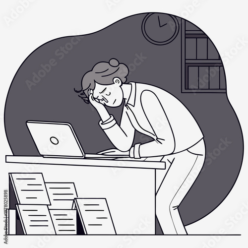 Stressed woman overworked at desk with laptop and books flat design mental health overworked exhausted deadline