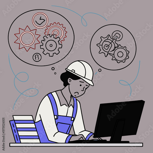 Worker with hard hat contemplating gears at computer problem solving technical problem manual labor computer thinking