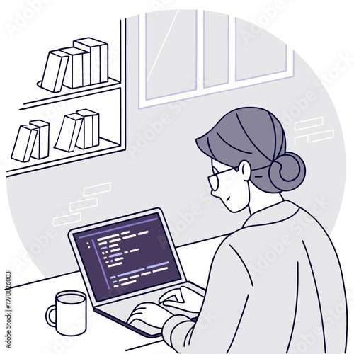 Female coder typing code on laptop in minimalist office with bookshelf programming software developer technology
