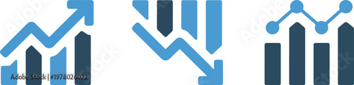Three financial chart with rising, falling, and fluctuating trends in blue and dark gray