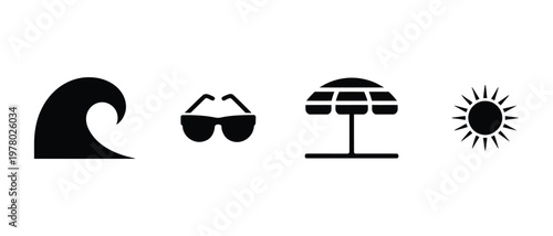 Four icons representing beach elements and summer activities, vector illustration