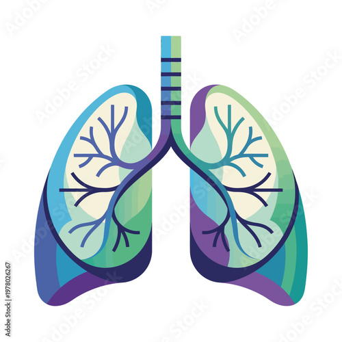 A stylized, colorful illustration of human lungs with trachea and bronchial tubes, representing respiratory health.