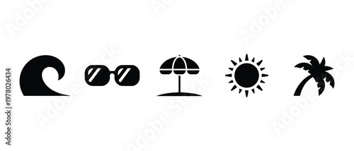 Set of beach holiday icons with sunglasses sun and palm tree, vector illustration