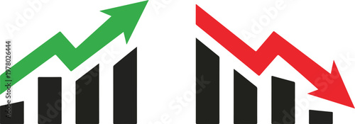 Green upward trending arrow and red downward trending arrow over black bar charts