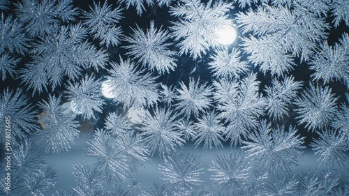 Frosty Window Pane with Bokeh Lights at Night, Winter Snowflake Pattern