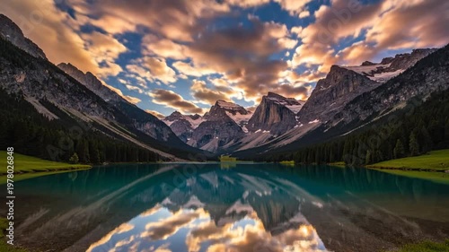 Breathtaking Mountain Lake Reflection with Dramatic Clouds and Pine Forest