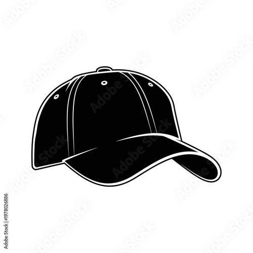 Black twill cap with curved brim isolated on white background, showcasing detailed stitching and minimalist design in a side view illustration
