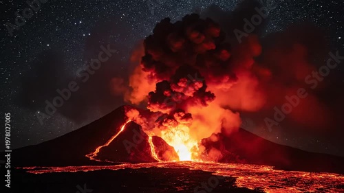 Volcano Erupting at Night with Lava Flow and Starry Sky
