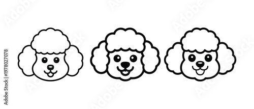 Three cartoon poodle faces with different expressions isolated on transparent background, vector illustration