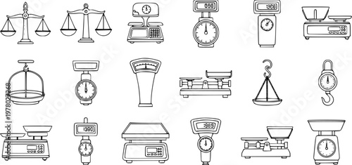 Detailed collection of weighing scales and balances line art icons. Includes vintage beam scales, modern digital scales, spring scales, and hanging scales for measurement.