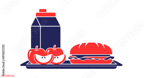 School Lunch Tray with Sandwich, Apples, and Juice Box - Flat Design