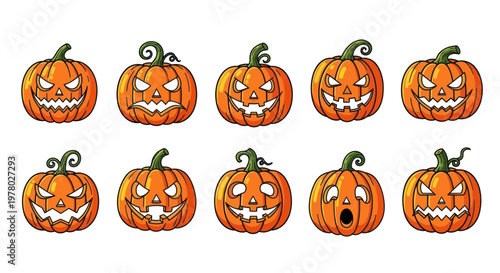 Set of 10 Halloween Jack-o-Lanterns with Scary Faces, Isolated on White Background