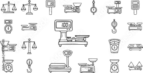 Hand-drawn set of various weighing scales and balances, including digital, analog, mechanical, spring, and platform types, for measurement concepts