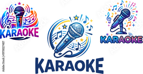 Karaoke Microphone Logo Set Colorful Music Icons Collection