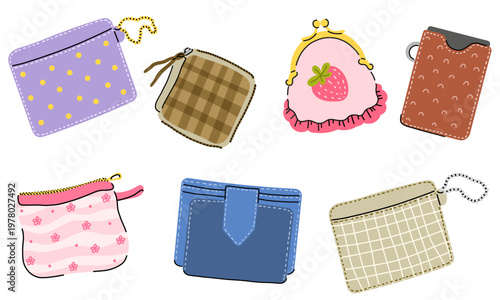 Hand drawn cute purses and wallets set, small bags collection, feminine accessories illustration, flat minimal vector clipart isolated on white background
