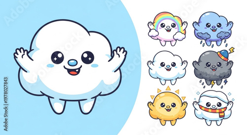 Adorable Cloud Game Mascot Character Sheet with Seasonal Variants