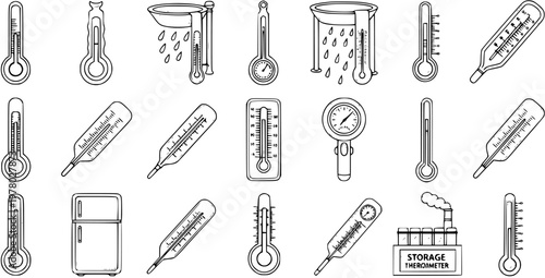 Detailed line art vector icons of various thermometers, including medical, bath, industrial, storage, and classic temperature measurement devices.