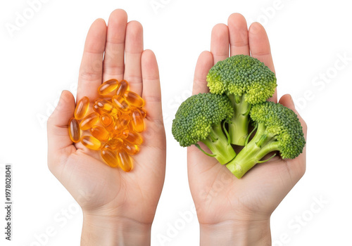Two Hands Holding Fresh Green Broccoli And Orange Vitamin Capsules