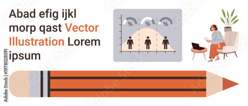 Education, statistics, creativity, work research, productivity, and analysis. A graph with percentages, a pencil and a person at a laptop. Education and statistics highlighted