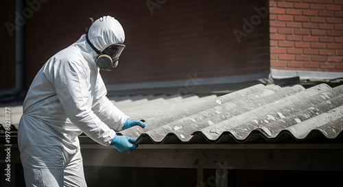asbestos removal professional in protective suit handling hazardous asbestos sheets on an old roof emphasizing health safety.